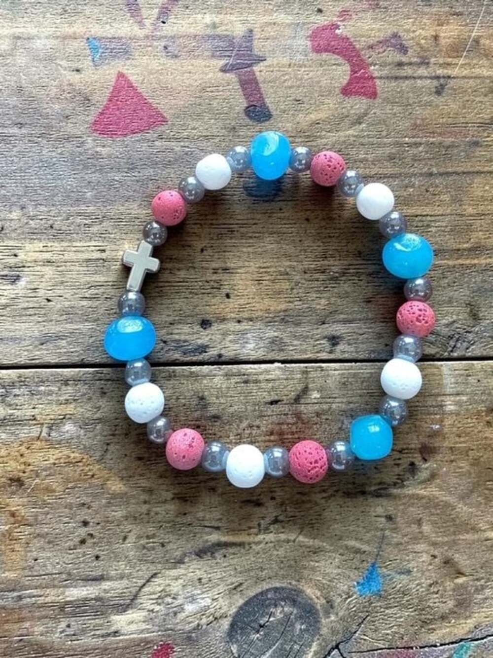 Styleandstone NWT Patriotic Red White Blue Lava Rock Cross Bracelet